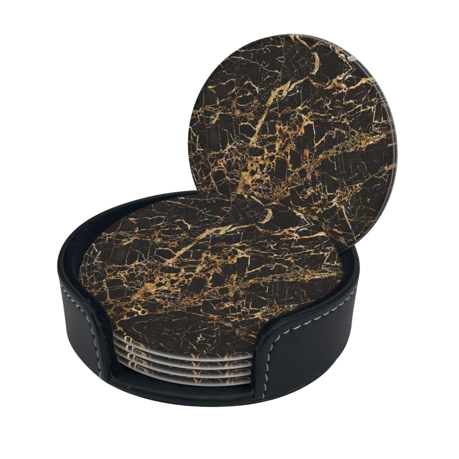 Lklddpzb White Gold Marble Print Round Leather Coasters - Set Of 6, Ultra-Fiber Pu Leather