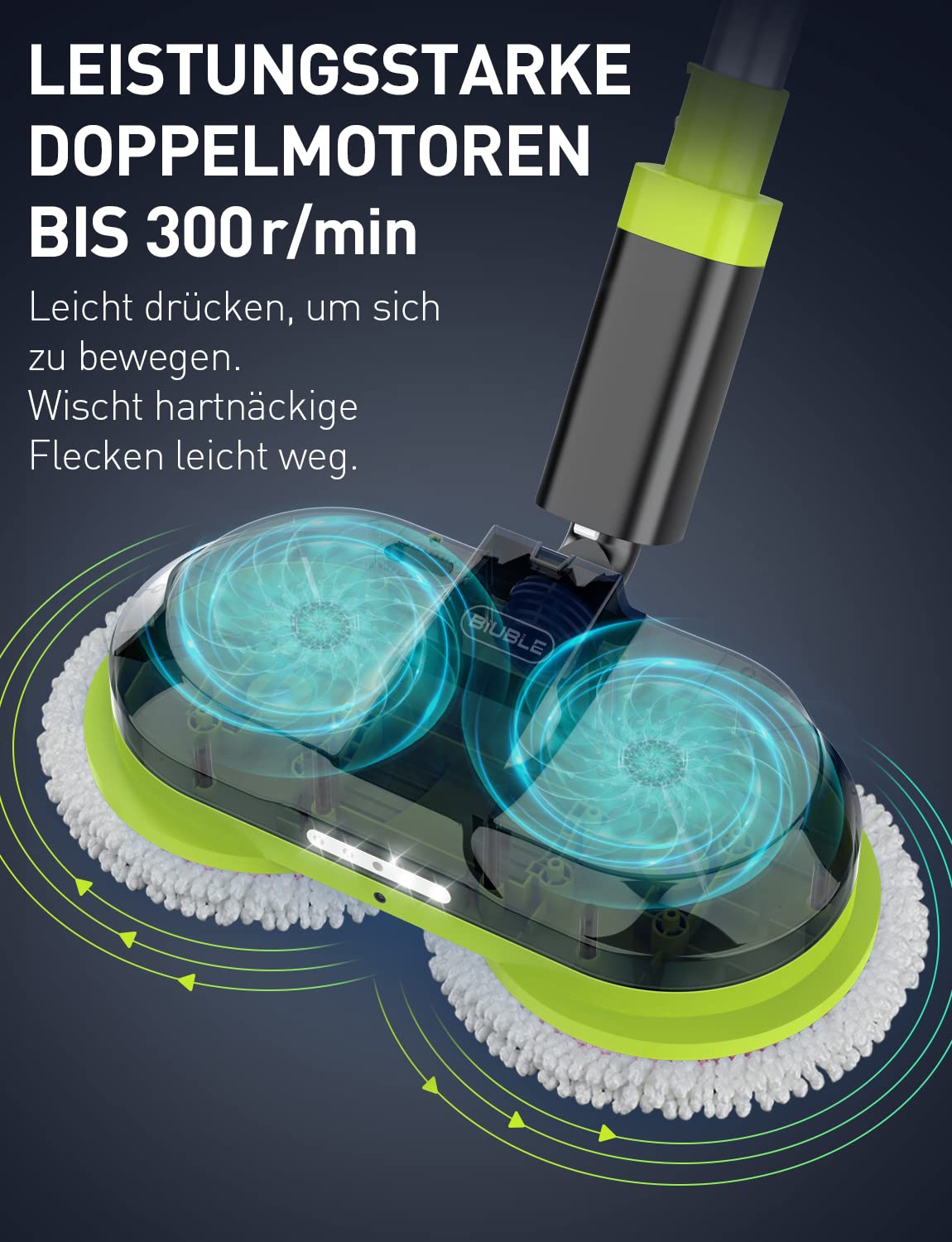 Elektrischer Mopp Bodenwischer Elektrisch Kabellos mit Sprühfunktion Akku Wischmopp Poliermaschine，300 ML Wassertank，LED Beleuchtung，Doppelte Rotation moppe zum Wischen und Polieren