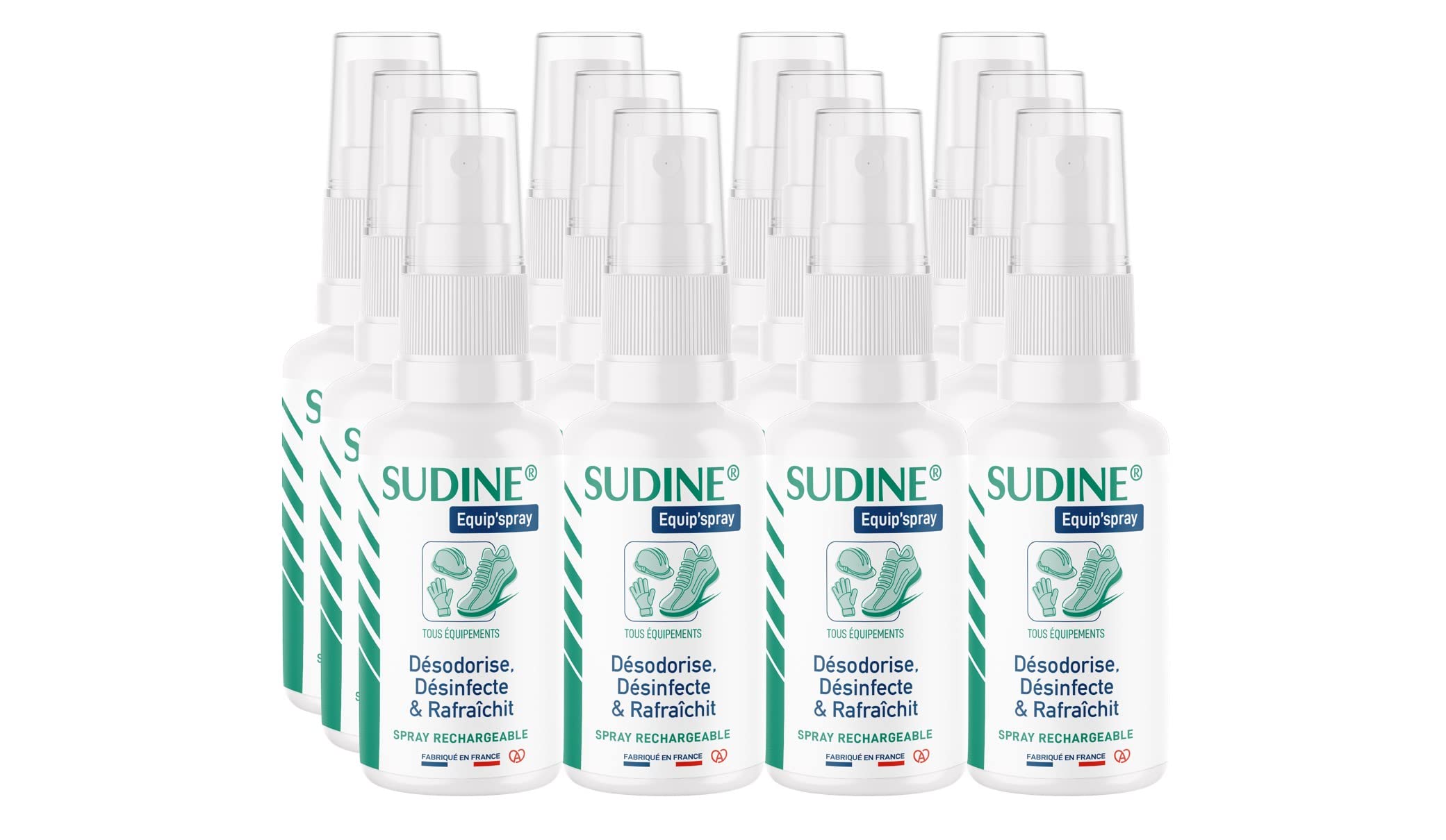Lot de 12 - Sudine Equip’spray - Désodorise, désinfecte, rafraichit - Chaussures, casques, gants, équipements - Spray rechargeable – Sans gaz - Fabriqué en France - Spray 50 ml