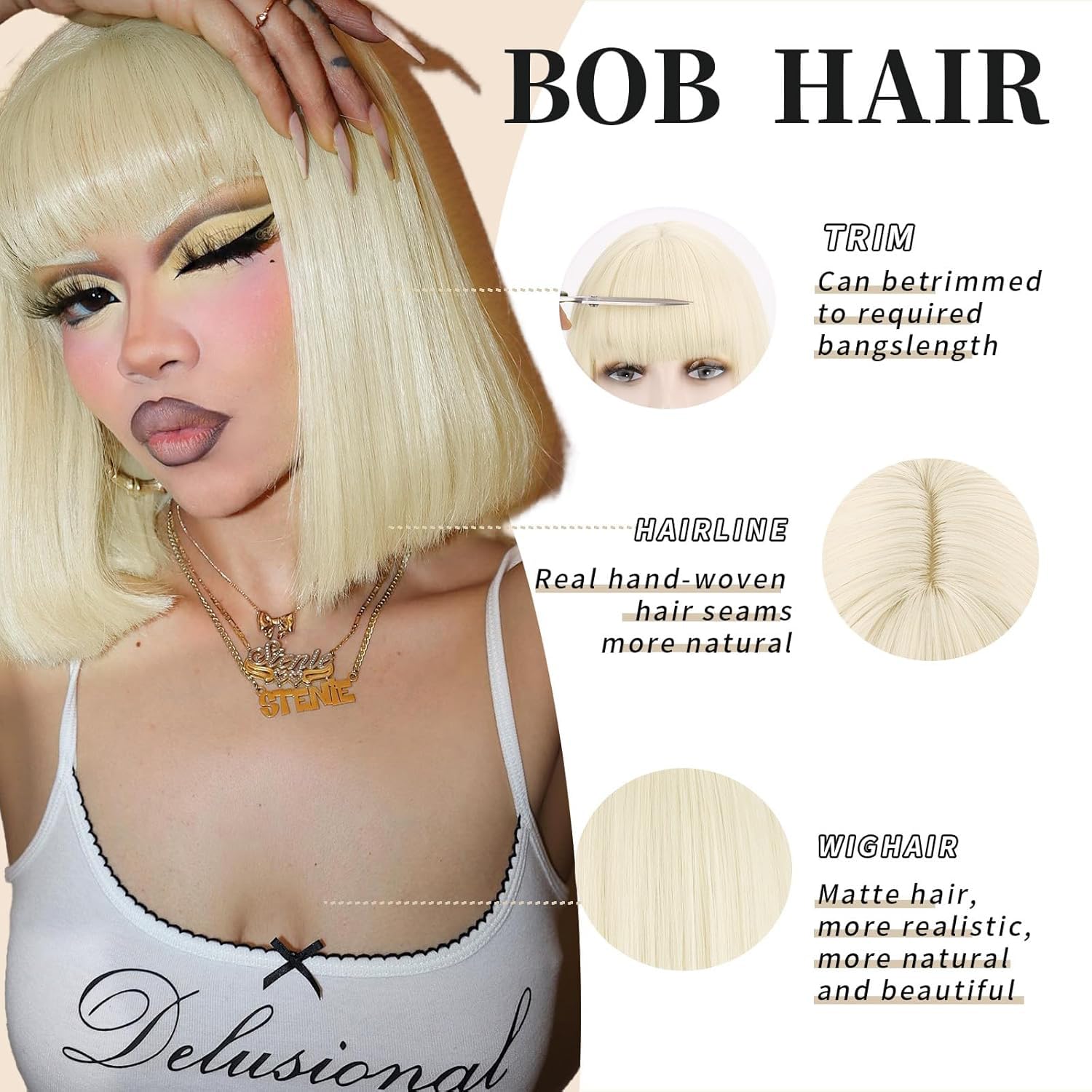 SUKRI Peluca rubia estilo Bob con flequillo, pelucas rubias platinadas para mujer, pelucas sintéticas resistentes al calor, uso diario, fiesta, Halloween (12 pulgadas)