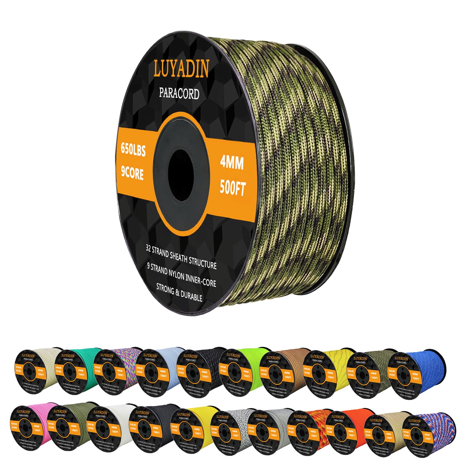 Paracord - Cuerda de paracaídas de 650 libras, 9 hebras, más de 40 colores, 100 pies, 200 pies, 500 pies, 1000 pies, 4 mm, cuerda de paracaídas para camping, senderismo, pesca, al aire libre y