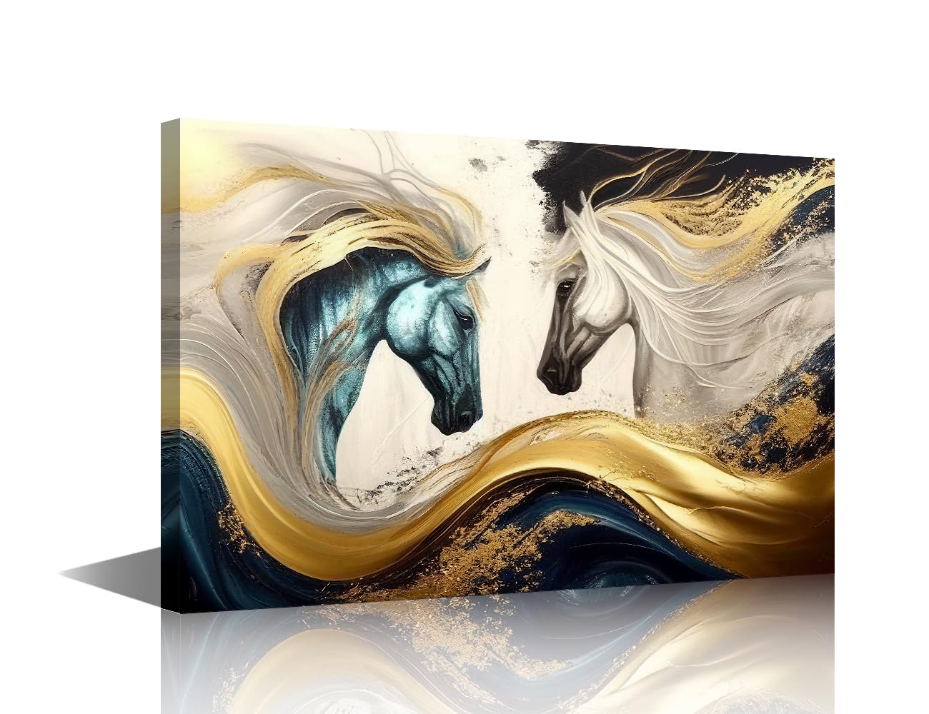 1 Panels Wild Horse Portrait Blue White Animal Modern Abstract Art Print Canvas Golden Texture Poster Wall Art Decor Picture Paintings for Living Room Bedroom Bathroom Decoration (12"Wx18"H)