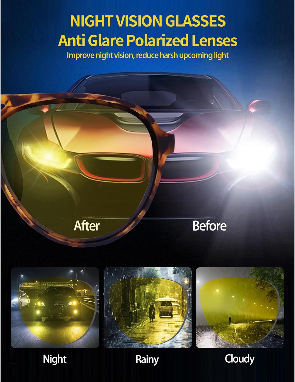 Jefoo Night Vision Glasses for Men Women Anti Glare Night Driving Glasses Polarized Yellow Lens - Image 3