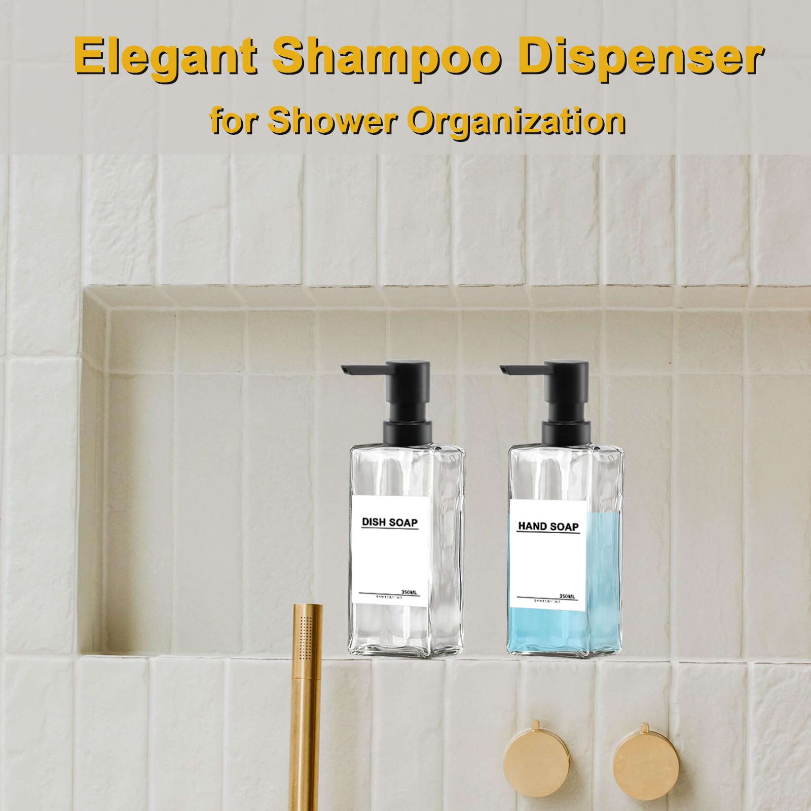 Zeepdispenser van glas, doorzichtig, 350 ml, shampooflessen om te vullen, moderne afwasmiddeldispenser, keuken, douchegel, dispenser, pompkop, kunststof, pompfles, shampoo voor douche, badkamer