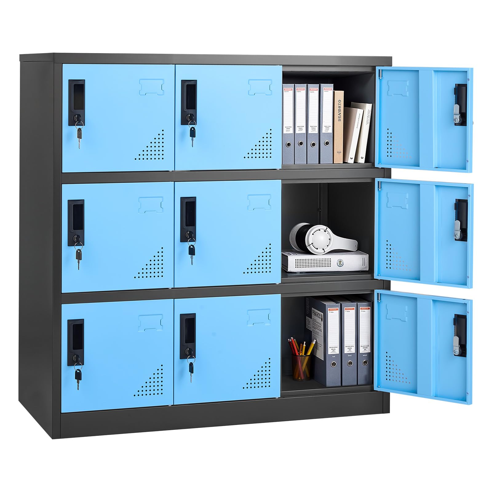 VEVOR Taquillas Metálicas de 9 Puertas 90 x 45 x 94 cm, Armario Metálico con Cerradura, Capacidad de Carga de 29,9 kg, Ranuras de Ventilación, Taquilla Vestuario para Oficina Gimnasio, Azul y Negro
