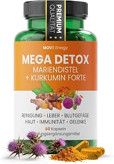 MOVit Mega Detox Mariendistel + Curcumin FORTE, Mit 200 mg Silymarin & 300 mg Curcumin, Angereichert mit Piperin, Für Leberfunktion, Entgiftung & Immunsystem - 60 vegane Kapseln
