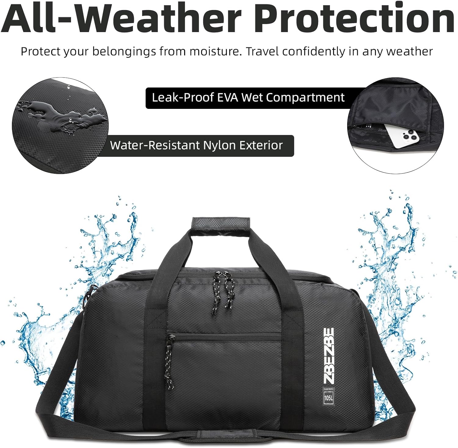 Extra Large Foldable Duffle Bag, 105L Heavy Duty Travel Bag for Camping & Moving, Water-Resistant Foldable Luggage Bag for Men Women, Deployment & Equipment Storage