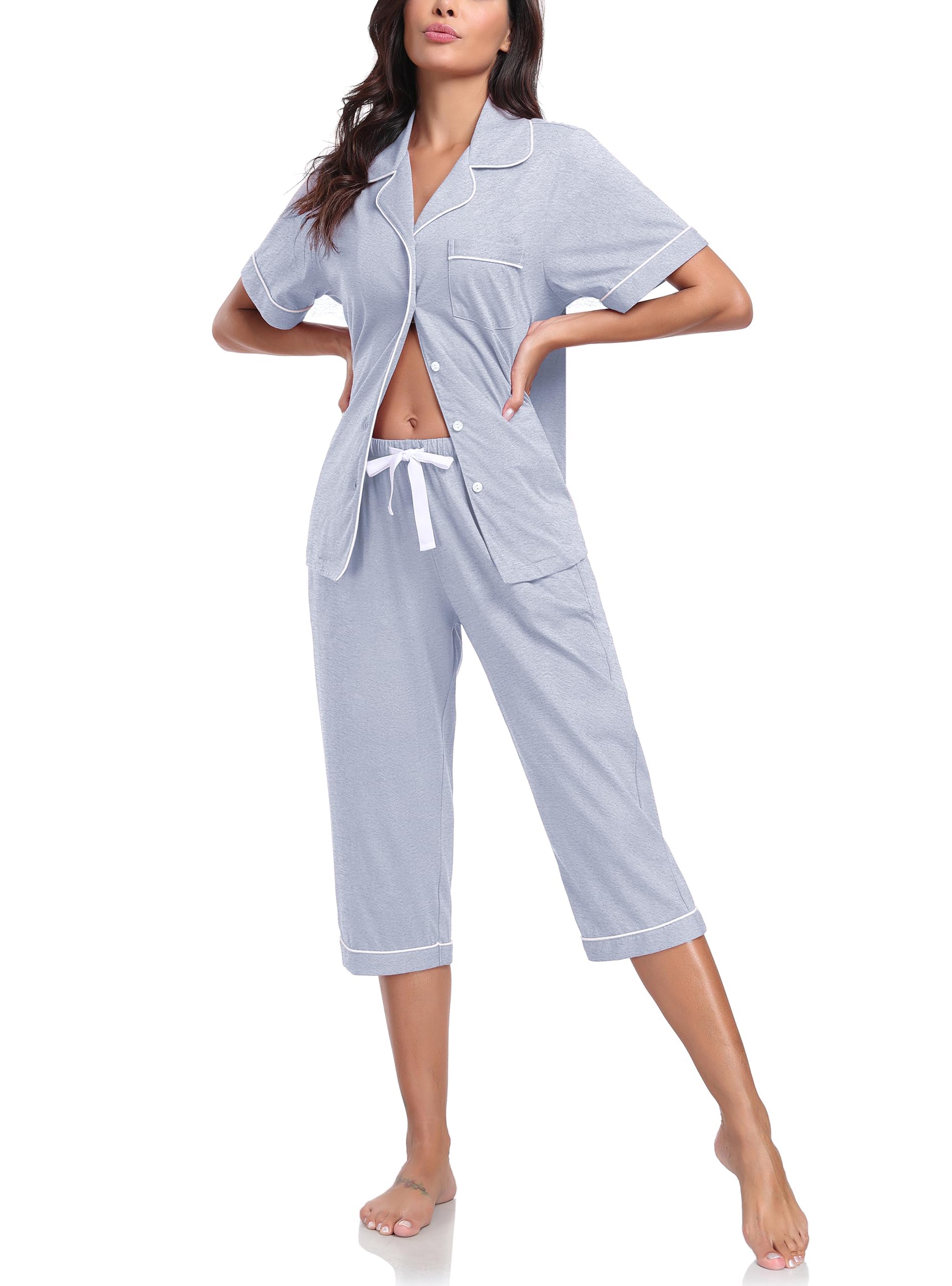 EA'S SECRET 100% Baumwolle Schlafanzug Damen Kurzarm-Oberteil 3/4 Hose Pyjama-Set V-Ausschnitt Knopfleiste Sommer S-XXL