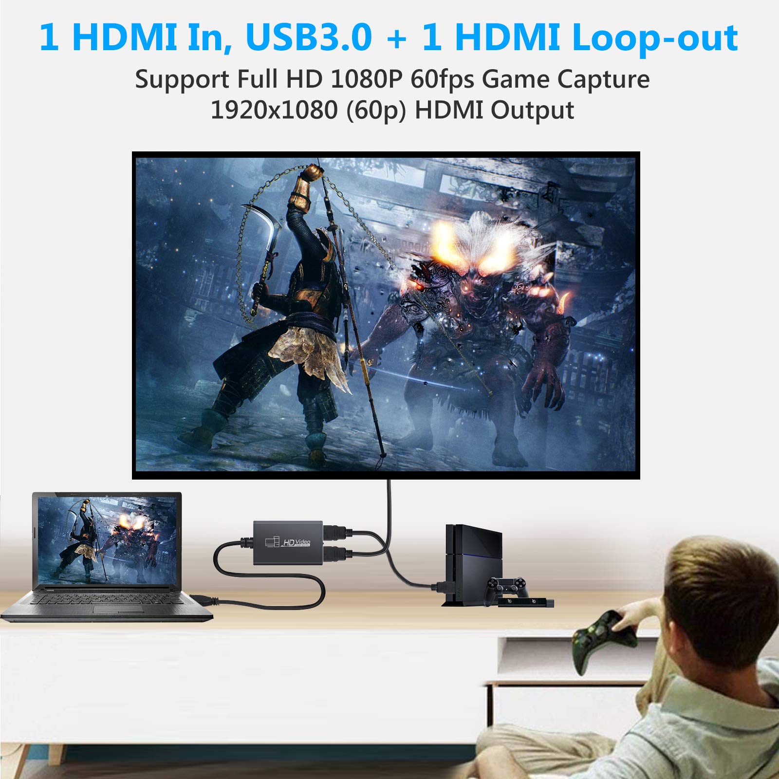 eSynic Scheda di acquisizione video da HDMI a USB 3.0, dispositivo di streaming 1080p 60 fps con loop-out e ingresso microfono, cattura giochi a latenza zero per PS4/Xbox/Switch/OBS | compatibile con