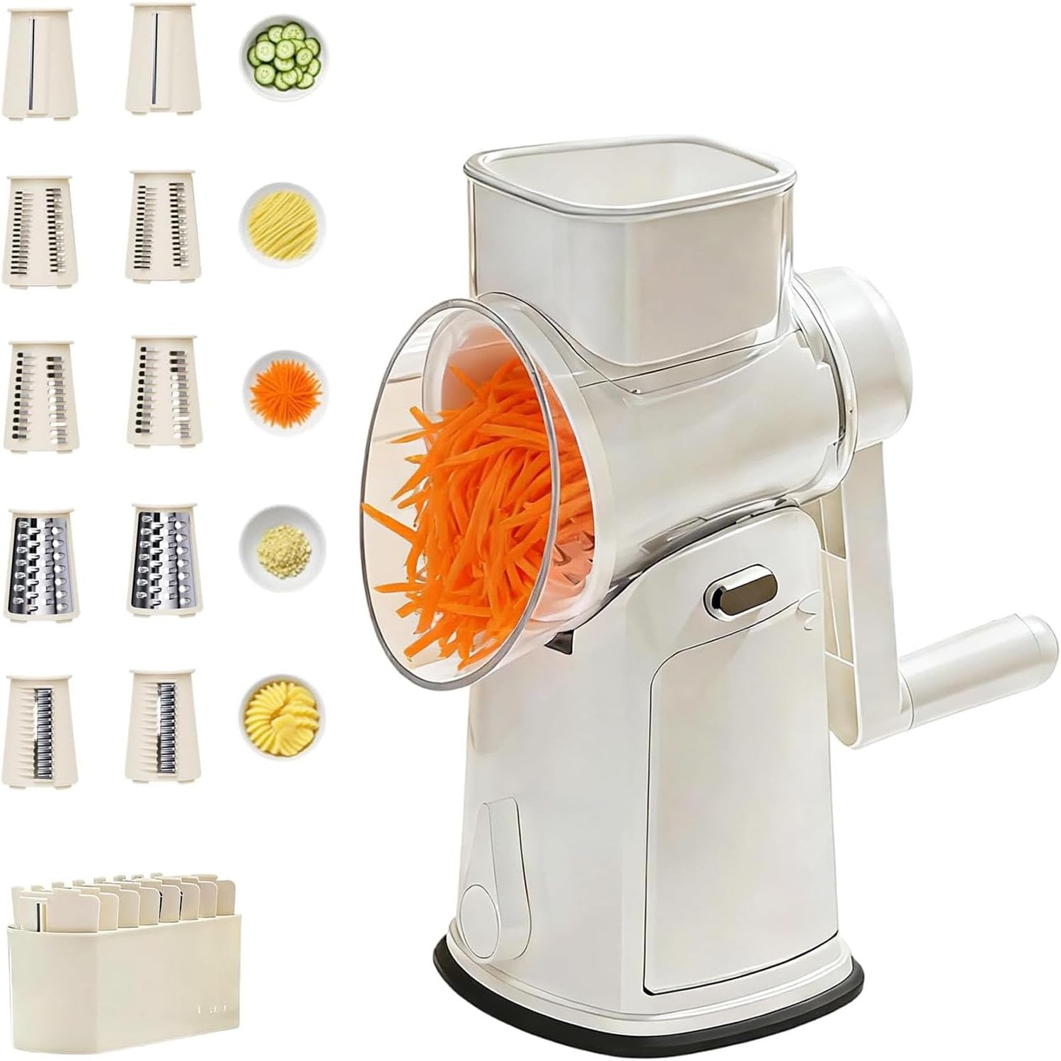 5 in 1 Round Slicer, 5 in 1 Food Chopper,Multi Blade Rotary Cheese Grater with Handle, Hand Crank Food Shredders for Kitchen, Replaceable Stainless Blades with Storage Box (beige)