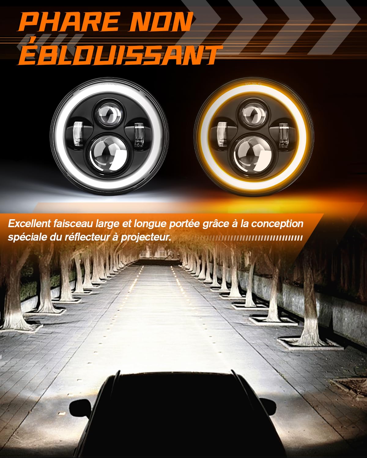CO LIGHT 7” Rond Phare Voiture OffRoad, Blanc HI LO Beam, Blanc Ambré Halo DRL/Clignotant, 6000K 12V/24V