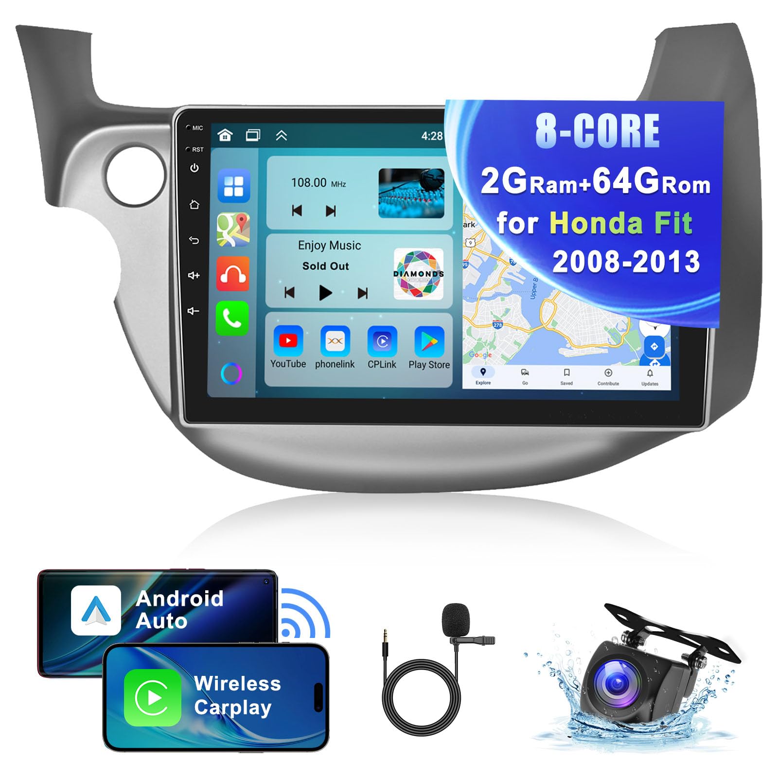 8Core 2+64G Car Stereo for Honda Fit 2008-2013 Wireless Carplay Android Auto,10.1 inch 1280 * 720P IPS Touch Screen Radio,Android13/GPS/WiFi/32EQ DSP/59UI/Bluetooth5.0/SWC/Backup Camera&Mic