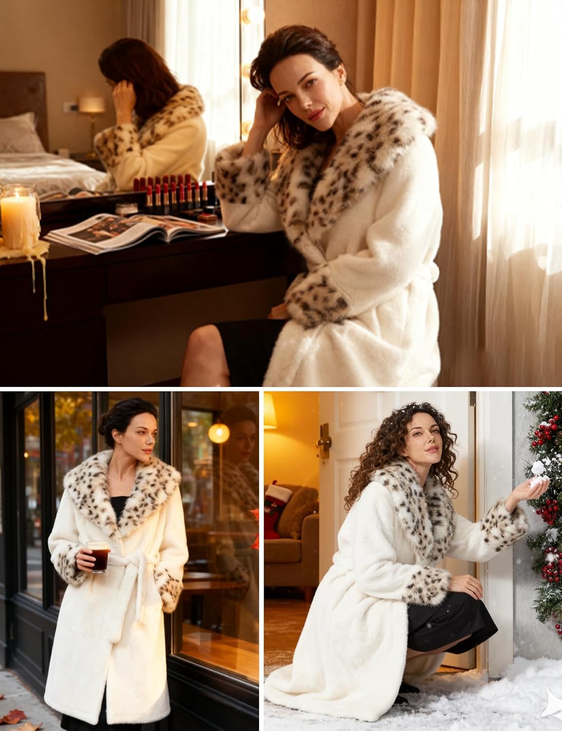 Women's Lapel Faux Fur Coat with Leopard Print Trim Long Warm Trendy Fur Jacket with Belt and Pockets - Image 6