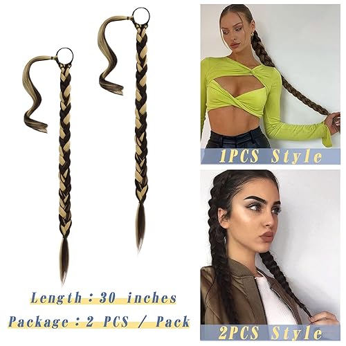 Miniatura 97 de BARSDAR 30 Inch Long Braided Ponytail Extension with Hair Tie - Straight Sleek Wrap Around Brown Braided Ponytail Hair Extensions - Synthetic Pony