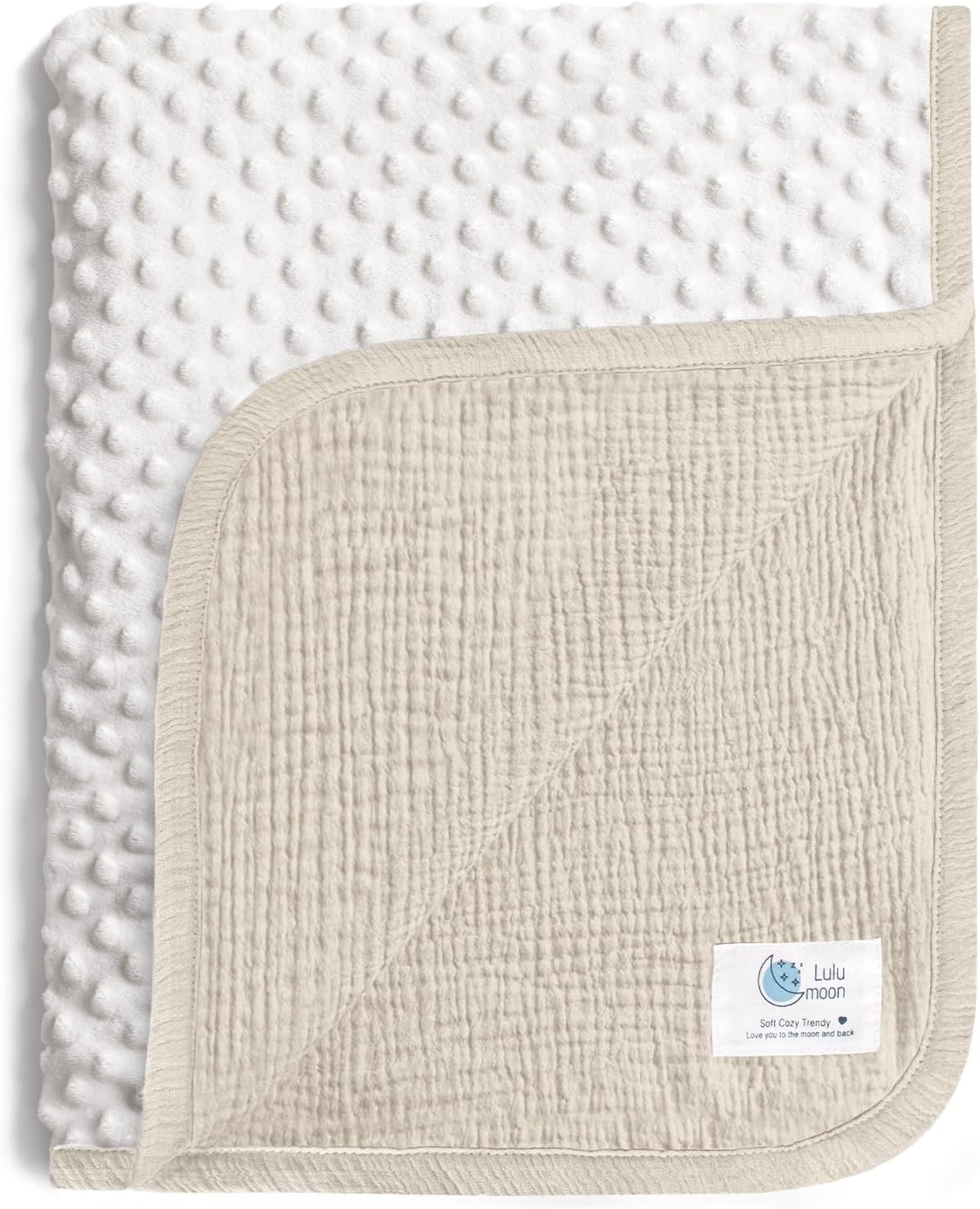 Lulumoon Muslin Baby Blanket with Thermal Minky Dot Backing - Ultra Soft Newborn Receiving Blanket 30x40 Ivory