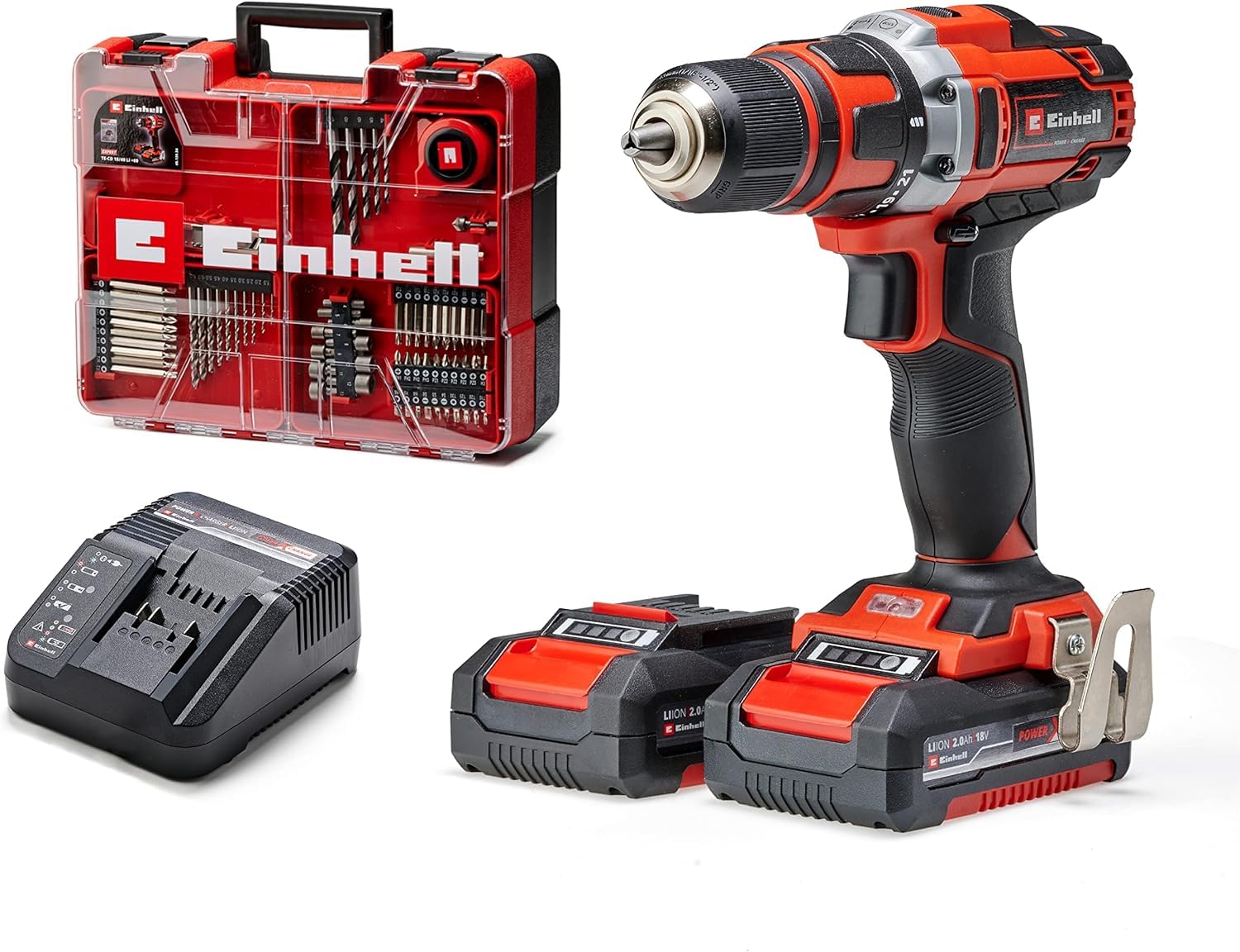 Einhell Set de taladro atornilador con batería TE-CD 18/40 Li + 69 (2x2,0 Ah) Power X-Change (18 V, Li-Ion, 40 Nm, incl. 2 baterías de 2 Ah y cargador, maletín, accesorios con 69 piezas)