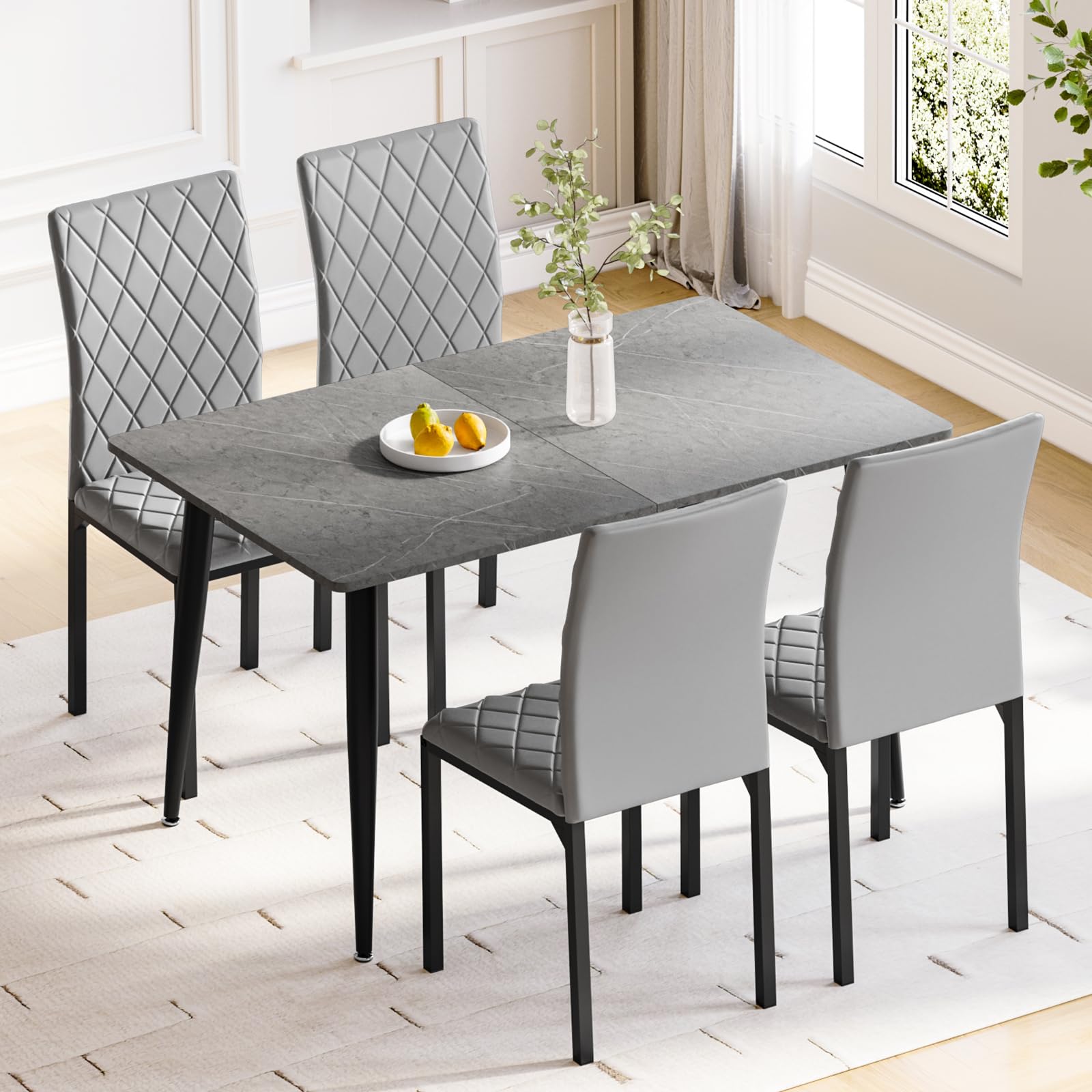 Dining Table and Chairs Set 4, 120cm Marble Effect Table with PU Chairs