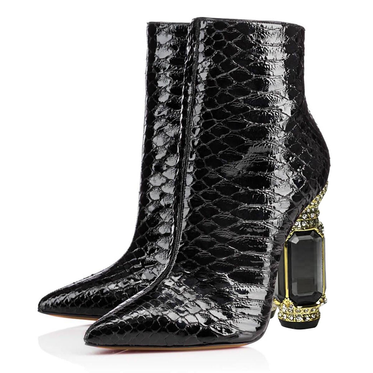 FSJ Women Chic Pointed Toe Crystal Chunky Block High Heel Ankle Boots Glossy Side Zipper Casual Daily Fashion Ladies Fall Shoes Size 4-15 US