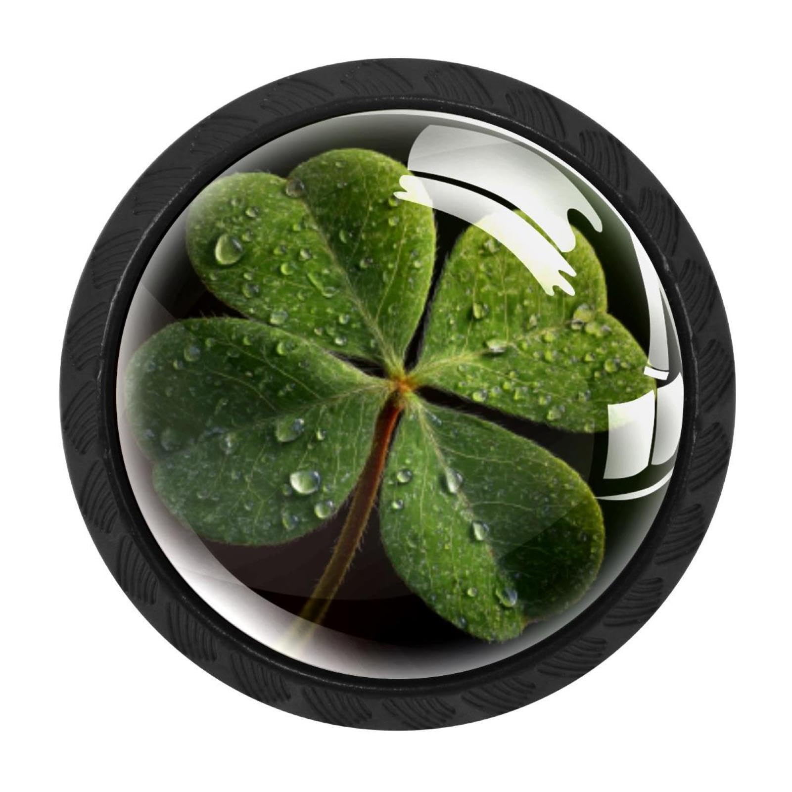 CHENZZZZ 4Pcs St. Patrick's Green Four Leaf Clover (1) Drawer Knobs Black Cabinet Knobs Cupboard Handles Hardware Round Door Pull Handle for Cabinet Wardrobe Drawer Bedroom Bathroom Furniture
