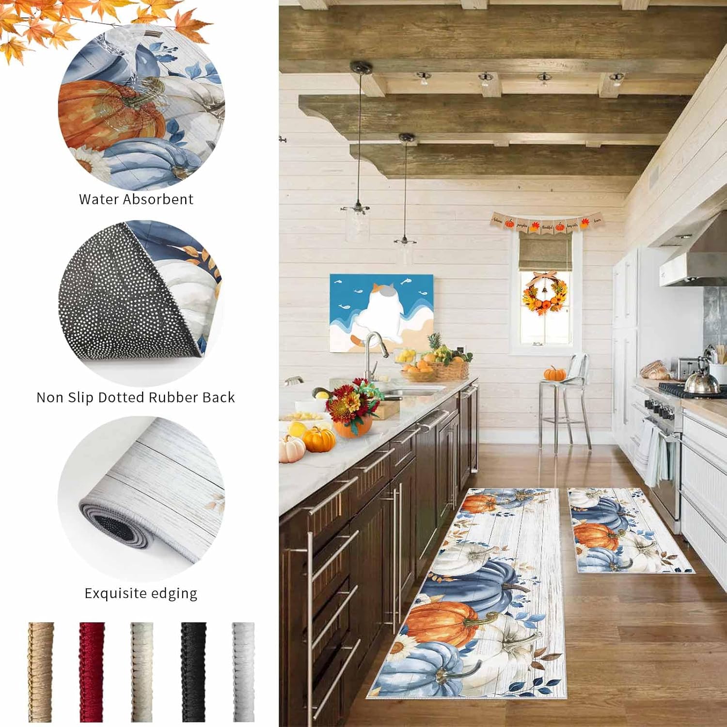Fall Blue Pumpkin Kitchen Rugs 2Pcs Autumn Blue Orange Eucalyptus Leaves Thanksgiving Absorbent Non Slip Kitchen Mats and Rugs Wood Grain Kitchen Floor Mats for Sink Laundry 15.7x23.6in+15.7x47.2in