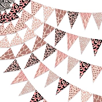 5Pcs Jungle Safari Theme Pennant Banners for Girls - Pink Jungle Triangle Garland Flags, Zoo Animal Splatter Buntings for Birthday Baby Shower Party Decorations Supplies