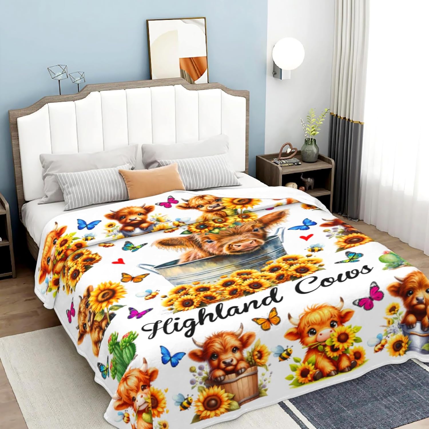 Highland Cow Gifts Sunflower Highland Cow Print Blanket Throw Plush Stuff Cute Animal Butterfly Gifts for Girls Kids Women Adults Highland Cow Lovers Birthday Decorations 60"X50"