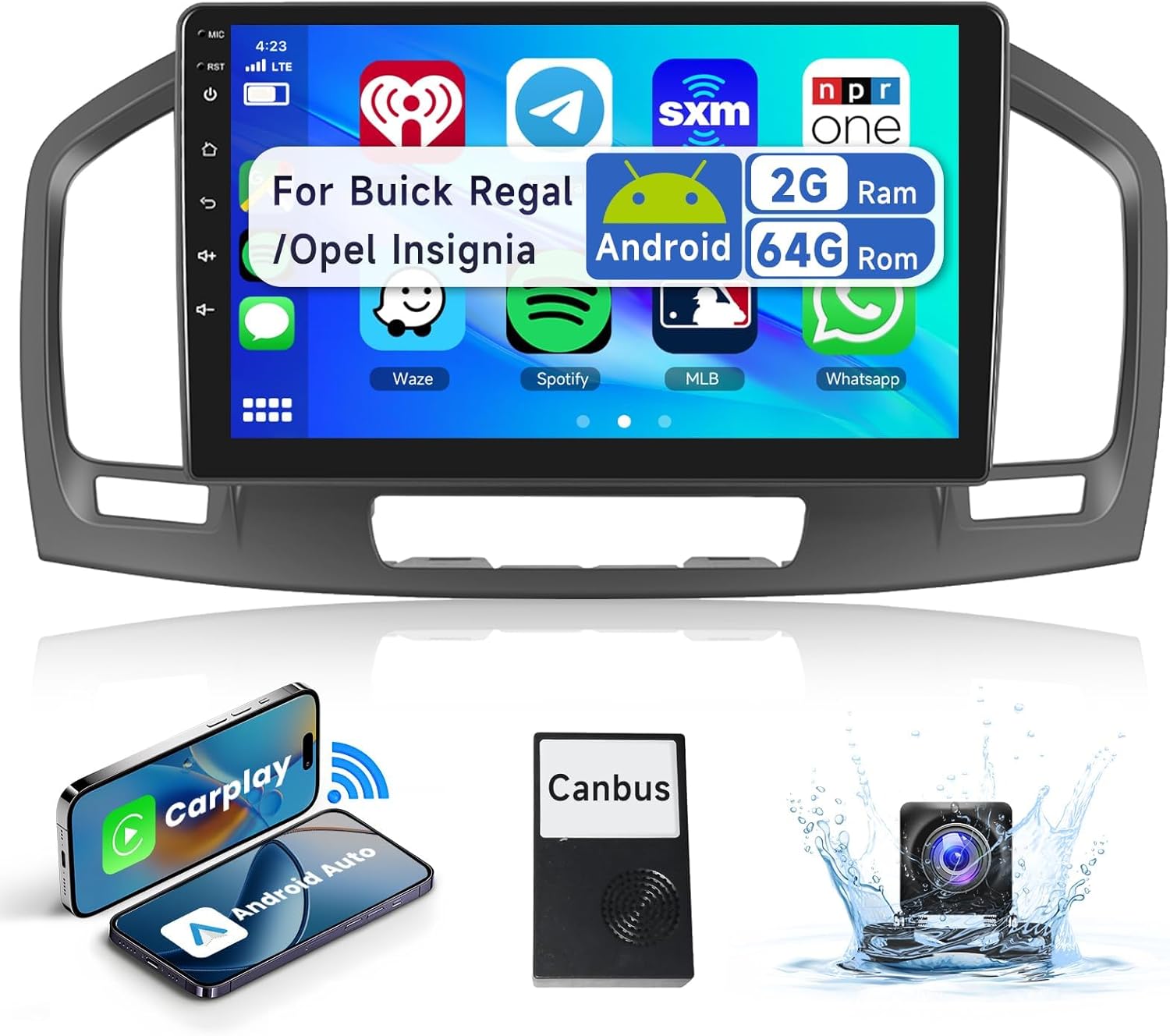 【2+64G】Podofo 9” Autoradio 2 Din voor Buick Regal 2009-2013/Opel Insignia 2008-2013Carplay Android Auto, Android 13 Radio met Bluetooth HIFI RDS/FM Radio Wifi/GPS+/AHD Achteruitrijcamera/Canbus