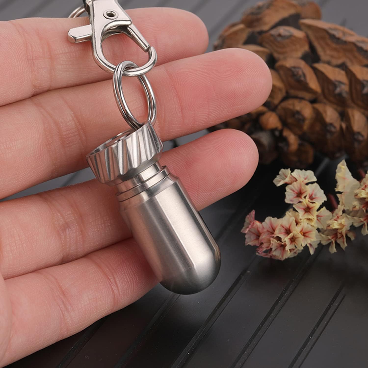 Pill Key Fob Titanium, Keychain Pill Holder Mini Cute, EDC Waterproof Pill Case, Travel Pill Container Medication Organizer, Pill Bottle Hide Necklace Pendant for Outdoor Emergency First Aids