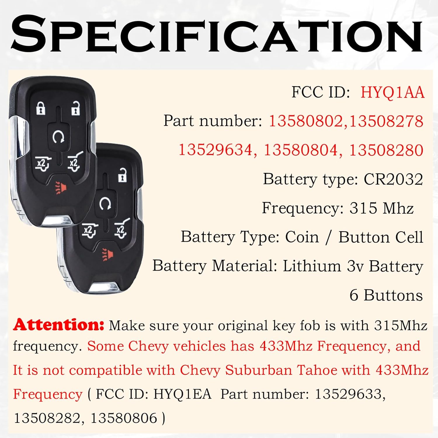 Car Key Fob Replacement Fits for Chevy Suburban Tahoe GMC Yukon/Yukon XL Denali 2015- 2020 Push Start 6 Buttons Smart Keyless Entry Remote Start Control ‎13580804 Set of Two HYQ1AA 13508280