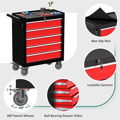 Miniatura 4 de Caja de herramientas con ruedas de 5 cajones, caja de herramientas rodante con ruedas, caja de herramientas con sistema de bloqueo con llave y Rojo-