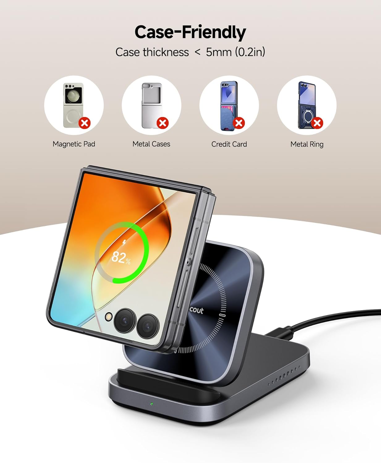 SwanScout Wireless Charger for Samsung Galaxy Z Flip 7 FE/7/6/5/4/3, for Motorola Razr 60 Ultra/50, Foldable Fast Wireless Charging Stand for Z Flip Series, SwanScout 508F (No Adapter)