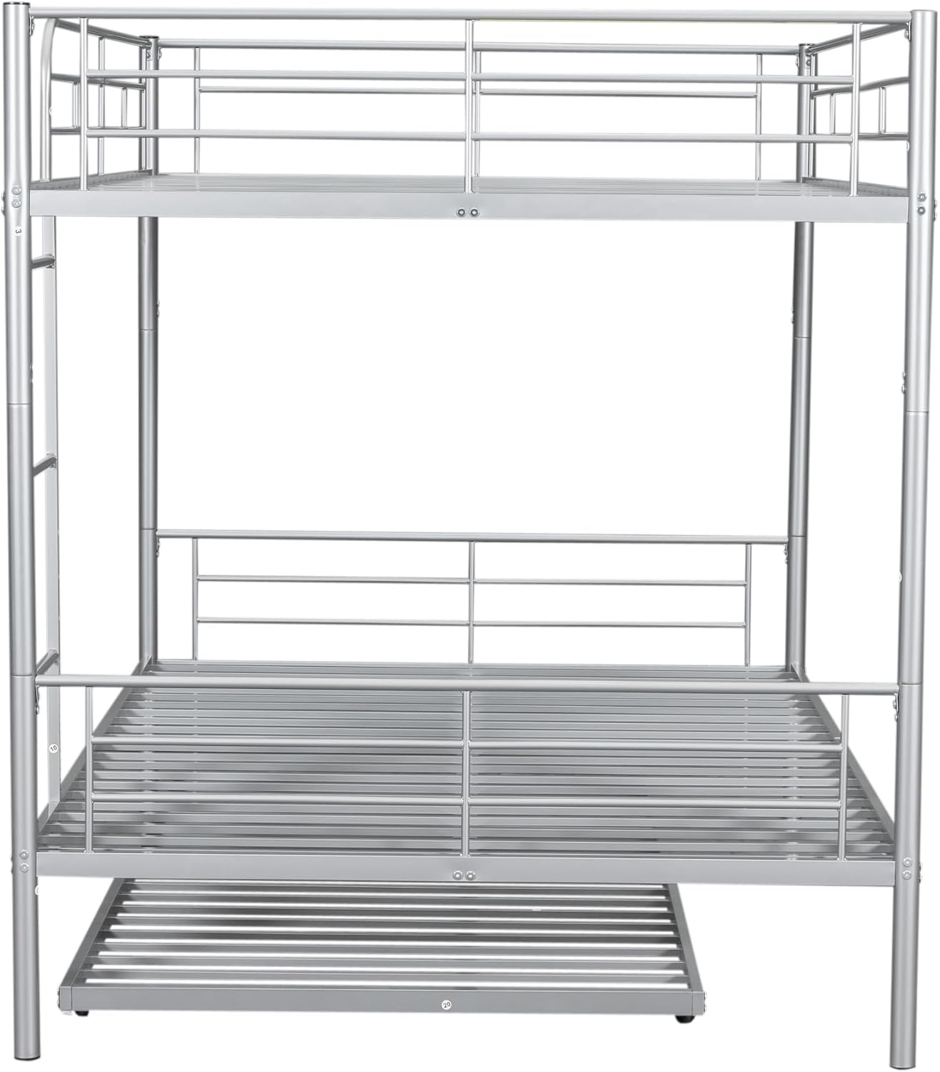 Harper & Bright Designs Full Over Full Metal Bunk Bed with Trundle, Ladder & High Guardrail, Able to Split, Noise Free, Heavy-Duty Steel Loft Bed Frame with Safety Rail for Bedroom, Dorm (Silver)