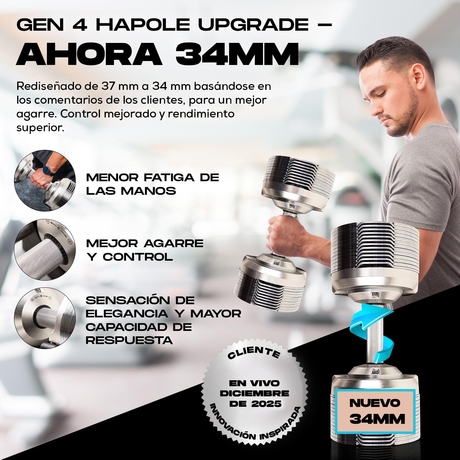 BRAINGAIN Mancuernas Ajustables Set 23,5kg/32,5kg/41,5kg – Ahora con mango Gen 4 de 34mm – Cambia de peso en 1 seg – Equipo de gimnasio en casa que ahorra espacio – Varios pesos en uno – Cromo/Negro