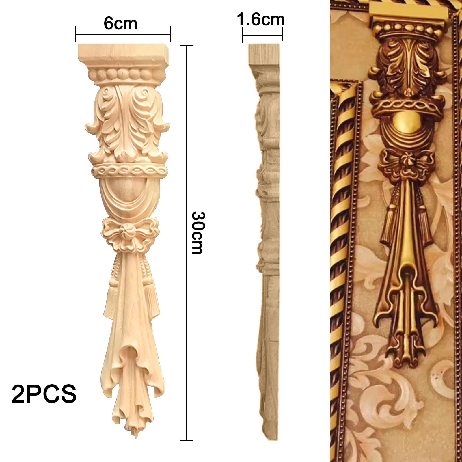 Applique Decorative In Legno - 2 Pezzi Stile Europeo Vintage - Foto 5