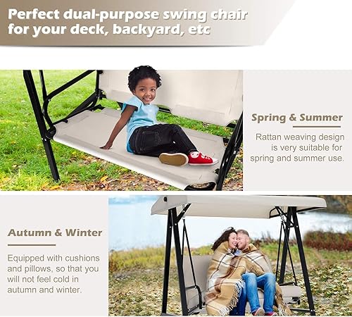 Miniatura 6 de AECOJOY Silla columpio de patio al aire libre de 2 asientos con toldo ajustable, sillas columpios de porche para adultos, banco columpio exterior