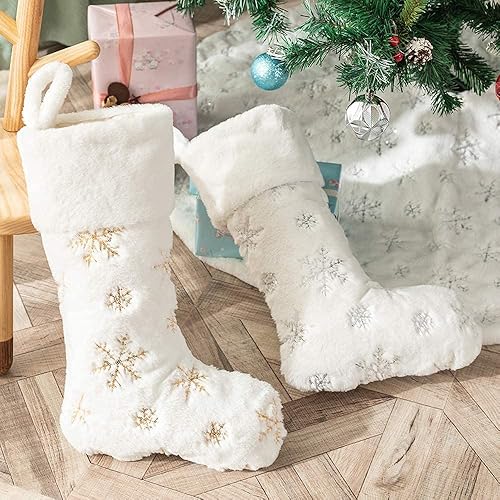 Miniatura 4 de 2 Pack Snowy White Christmas Stockings with Faux Fur, Plush 22 inches Xmas Stocking with Gold Embroidered Snowflake Hanging Ornaments for Home Xmas