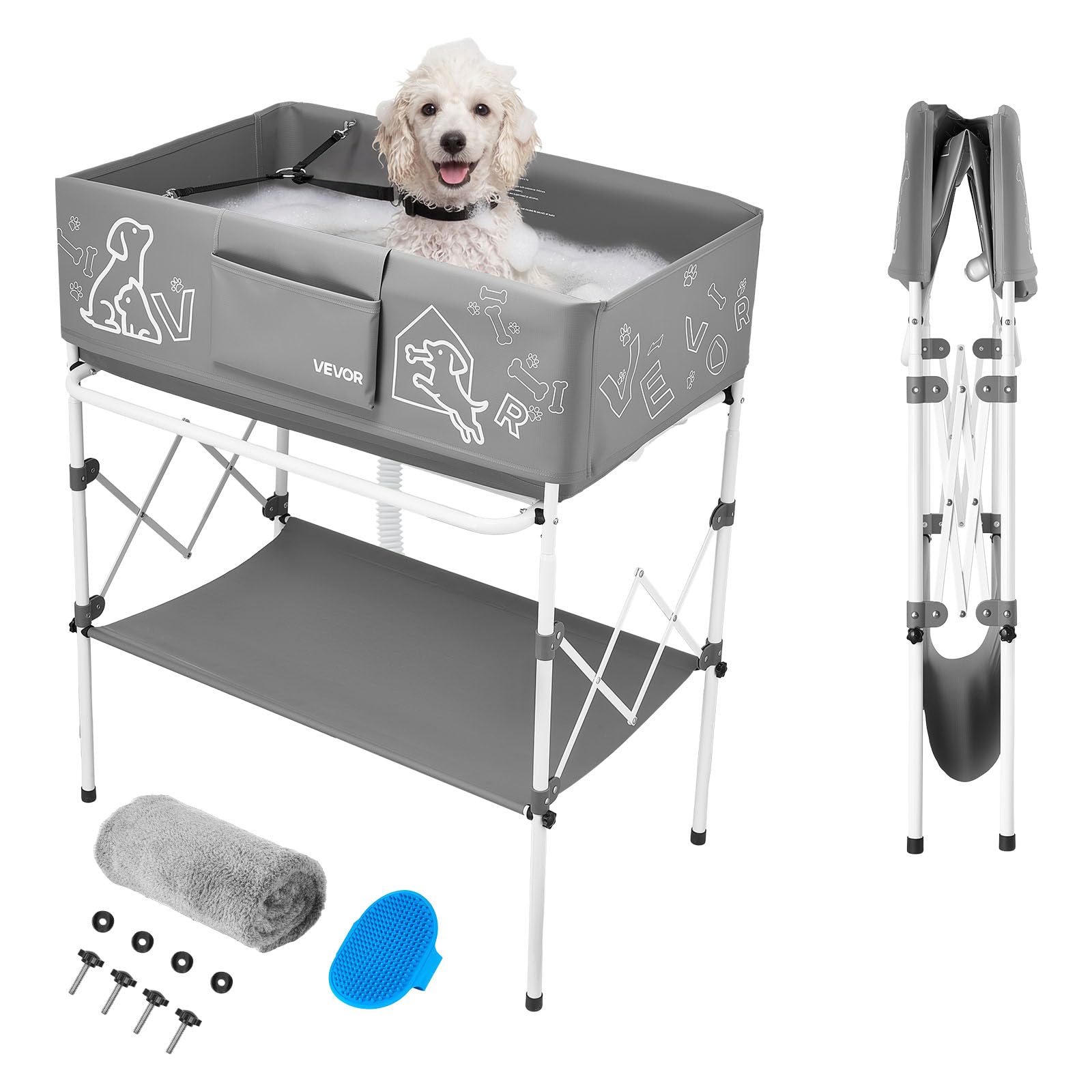VEVOR Baignoire Surélevée pour Chien Pliable, Station de Lavage Portable pour Animaux de Compagnie, Baignoire de Toilettage avec Tuyau de Drainage Intégré, pour Petits et Moyens Chiens et Chats, Gris
