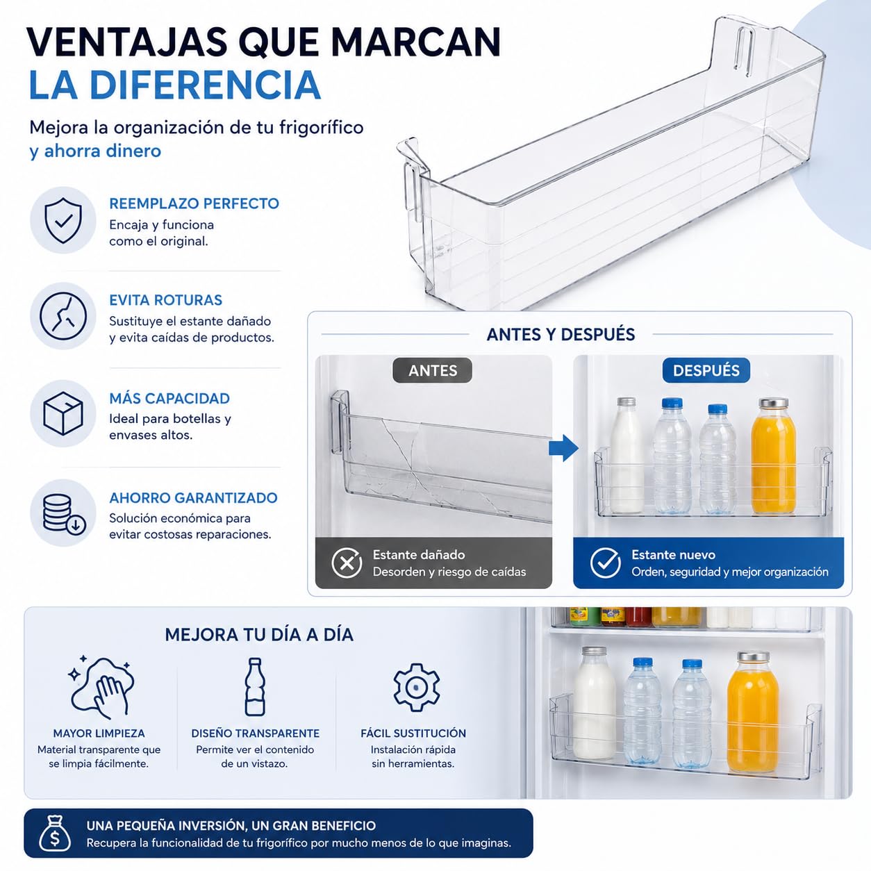 CABLEPELADO - Estante Botellero Frigorífico Compatible con Balay (46.5 x 10 x 12.5 cm) | Bandeja Inferior para Botellas | Recambio Código Original 11022295
