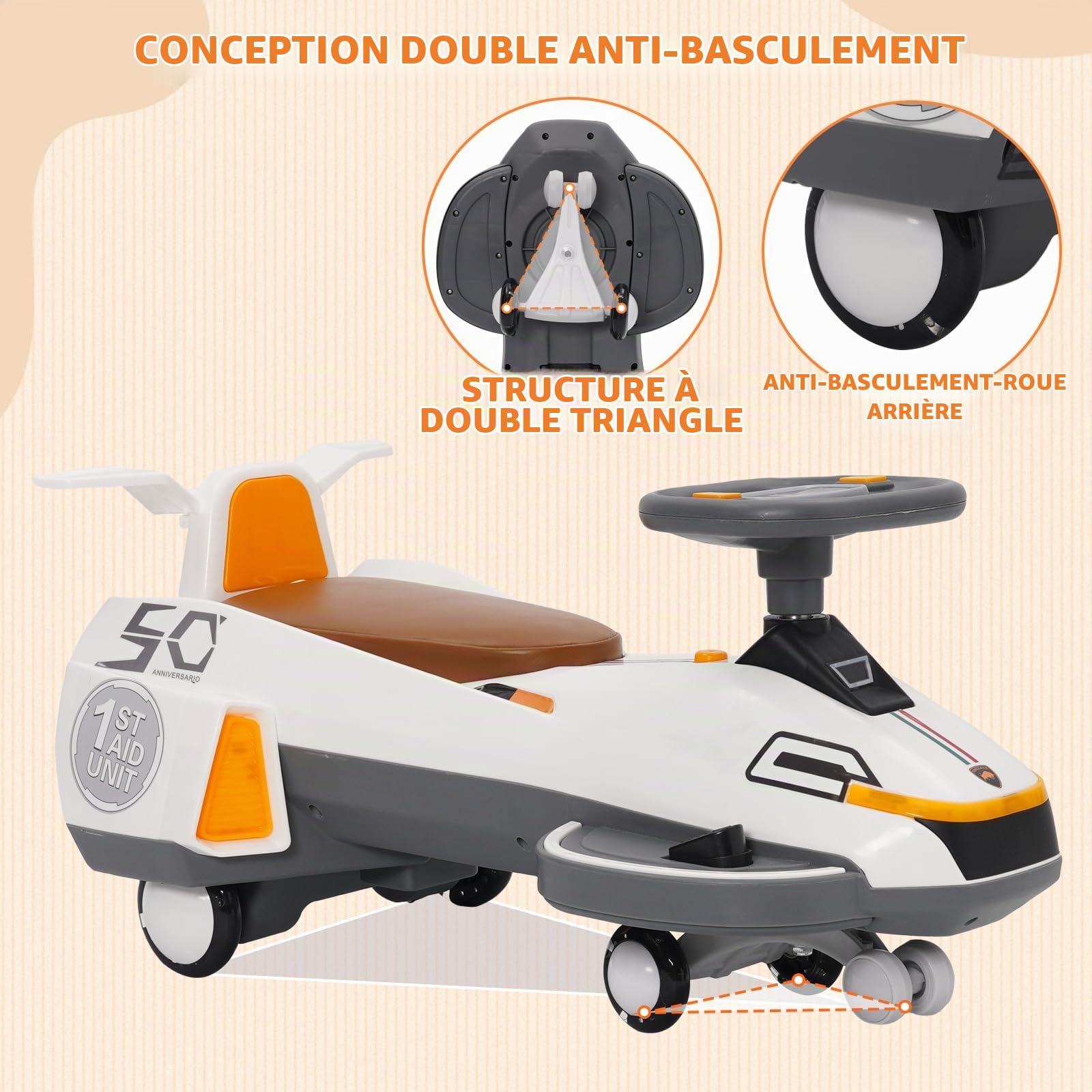 Voiture Électrique Enfant 2in1 2 Places Pedal, Direction 360°, Anti-Bascule | Voiture Enfant Électrique, Balançoire, Musique & Lumières. 2 Modes, Facile. Parfait Bébés & Enfants, Intérieur/Extérieur