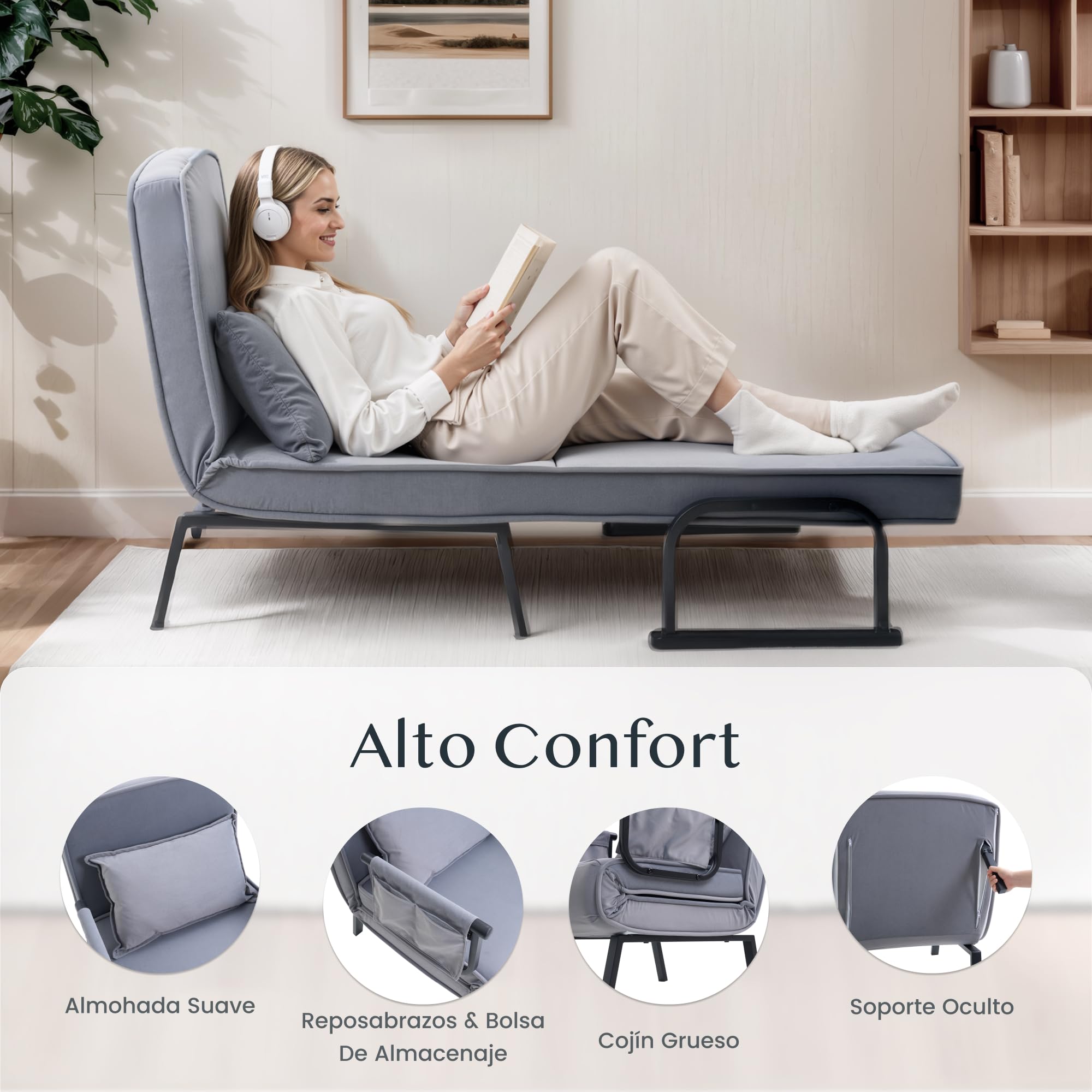 FLEXISPOT Sillón Cama 3 en 1 con función de Cama, Respaldo Ajustable, sofá Cama de Lino con Bolsillo Lateral, Patas Plegables, Ahorra Espacio para salón, Dormitorio u Oficina (Gris)