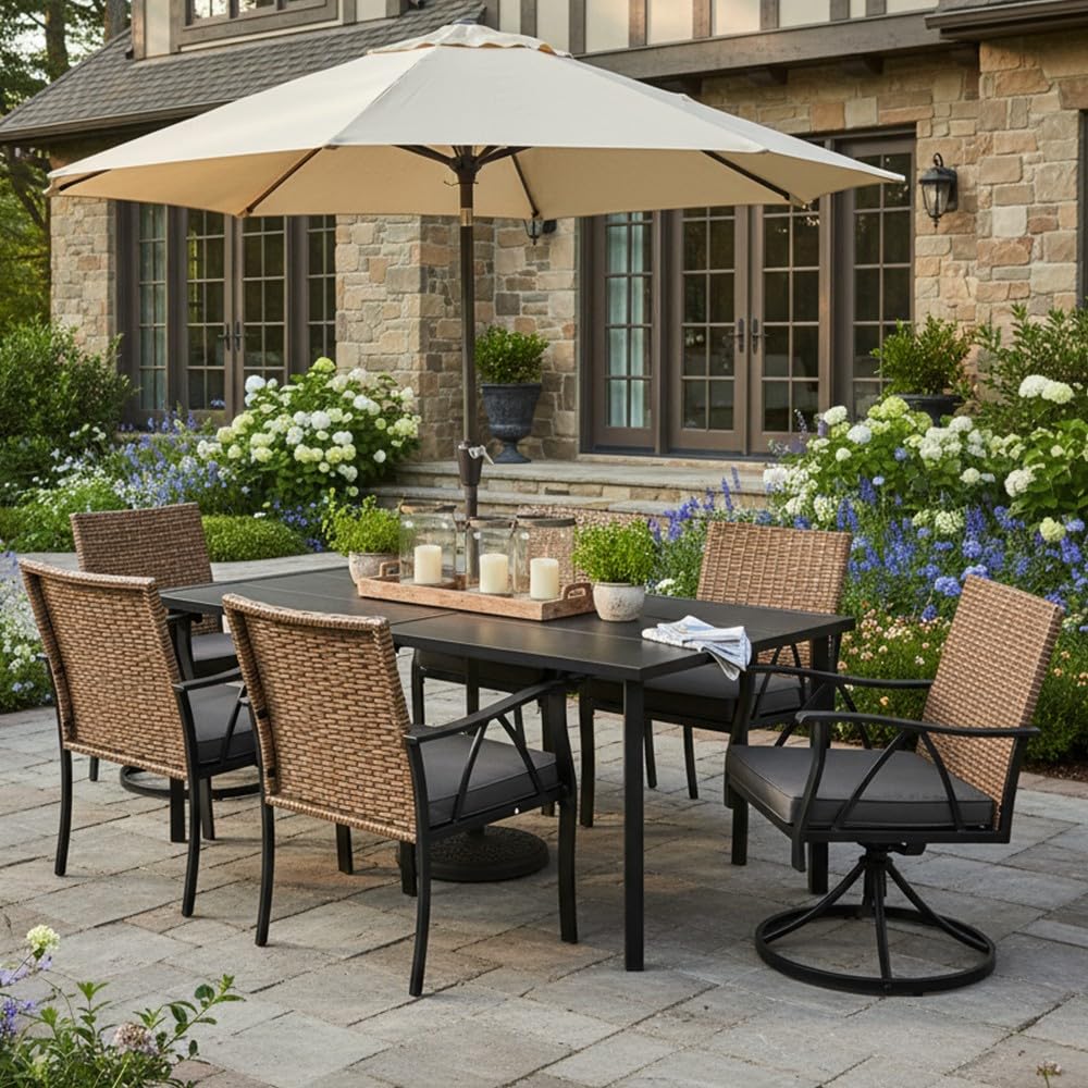 Wicker Swivel Dining Set with Woodgrain Table