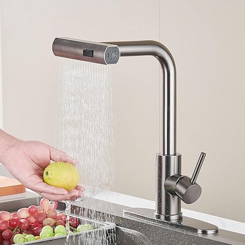 Miniatura 9 de AVSIILE Grifo de cocina con rociador extraíble, grifo de fregadero de cocina de acero inoxidable, mango de cascada gris, grifo de fregadero de