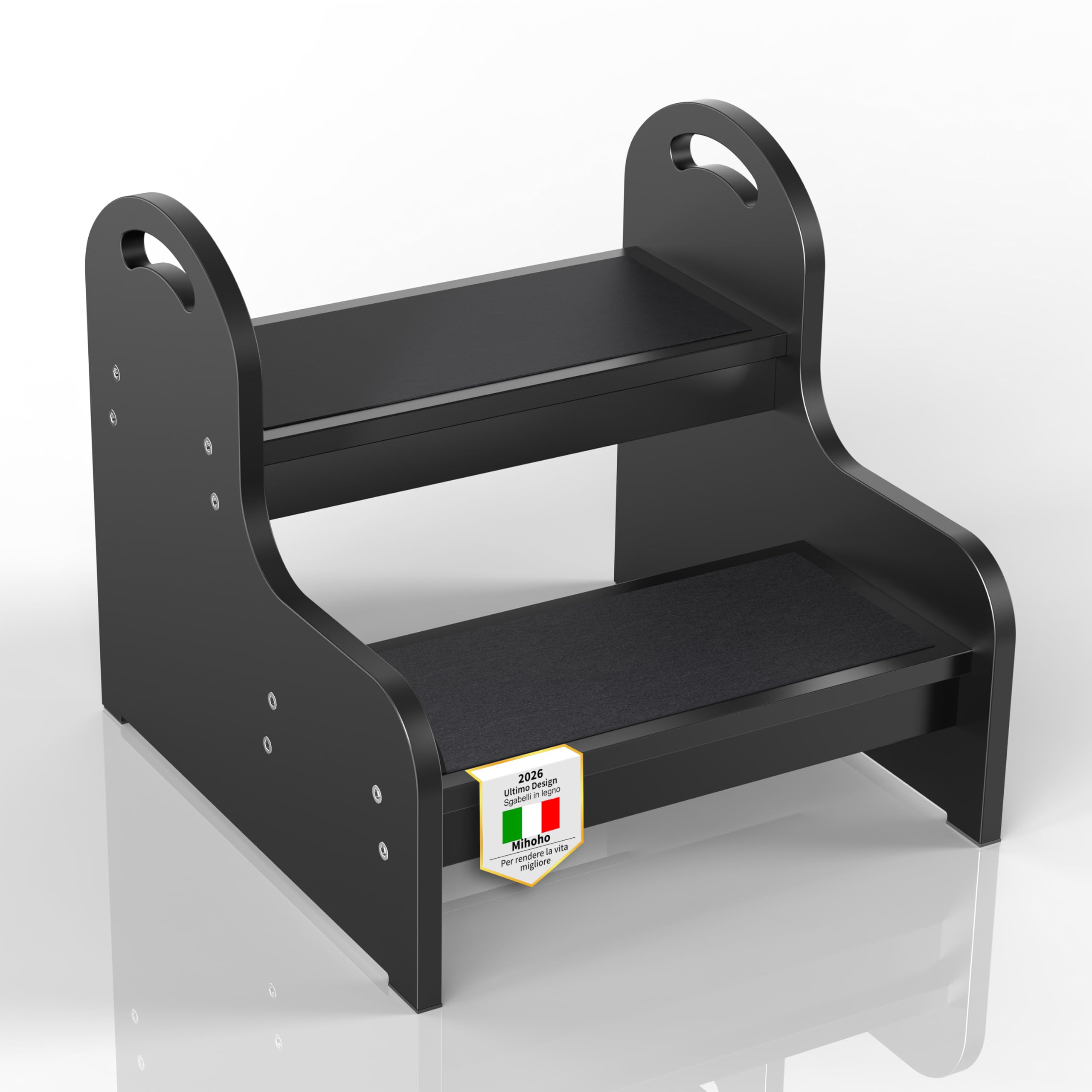 Sgabello in legno a 2 gradini per bambini con superficie antiscivolo, Heavy Duty 2-Step Scala, bambino passino sgabello per bagno lavandino/WC/cucina/letto (nero T)