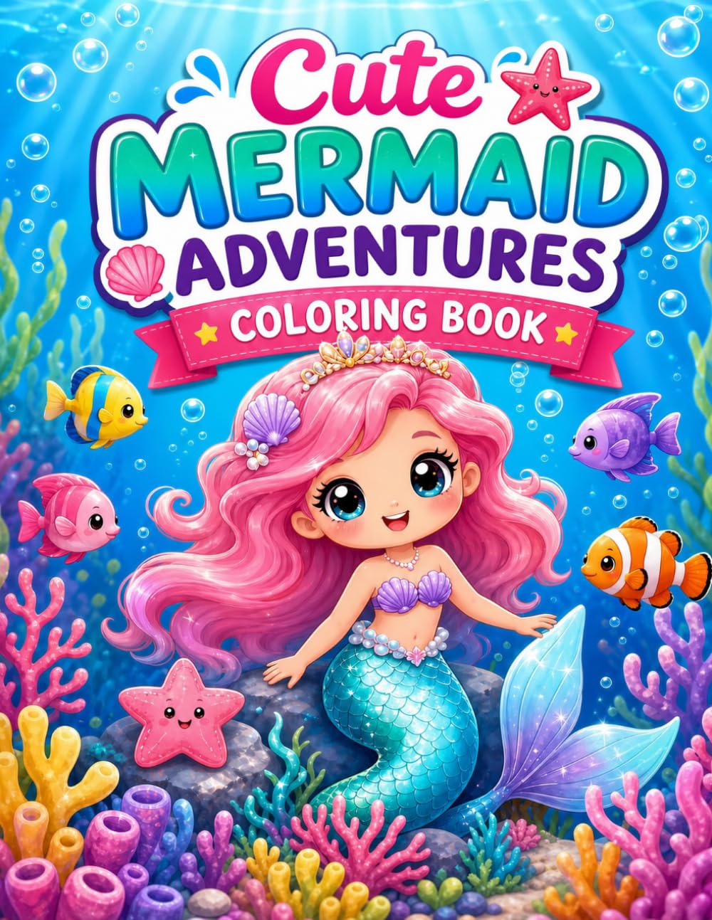 Cute Mermaid Adventures: Coloring Book for Kids: 30 Fun and Easy Ocean Coloring Pages for Girls Ages 3–8