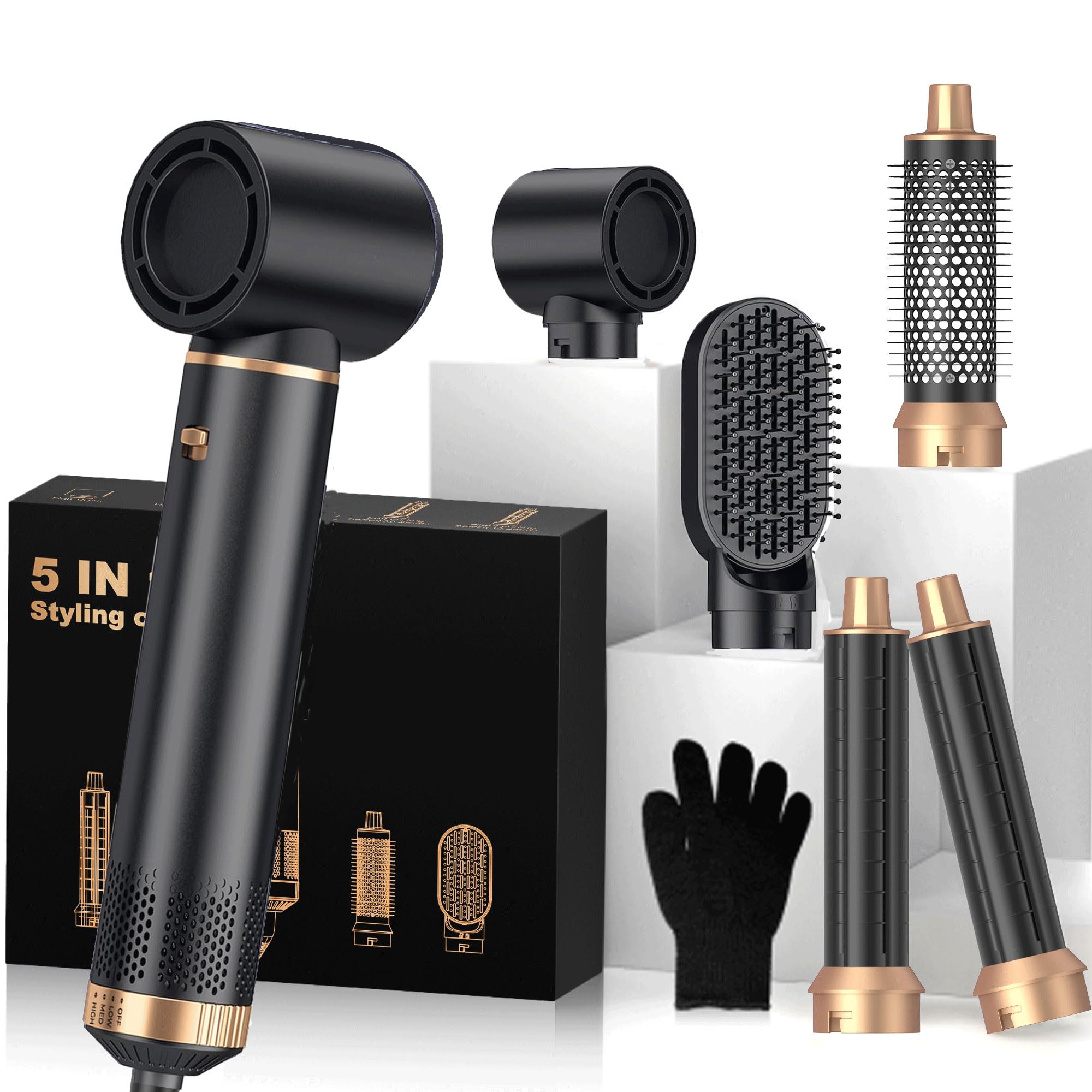 OKWRAP 5-in-1 Hot Air Styler &amp; Blow Dryer Brush Set - 700W Gentle Temperature Hair Multi-Styler with Auto-Wrap Curlers &amp; Round Brush for Fine, Thin, or Damaged Hair, 100-120V US Outlet Only