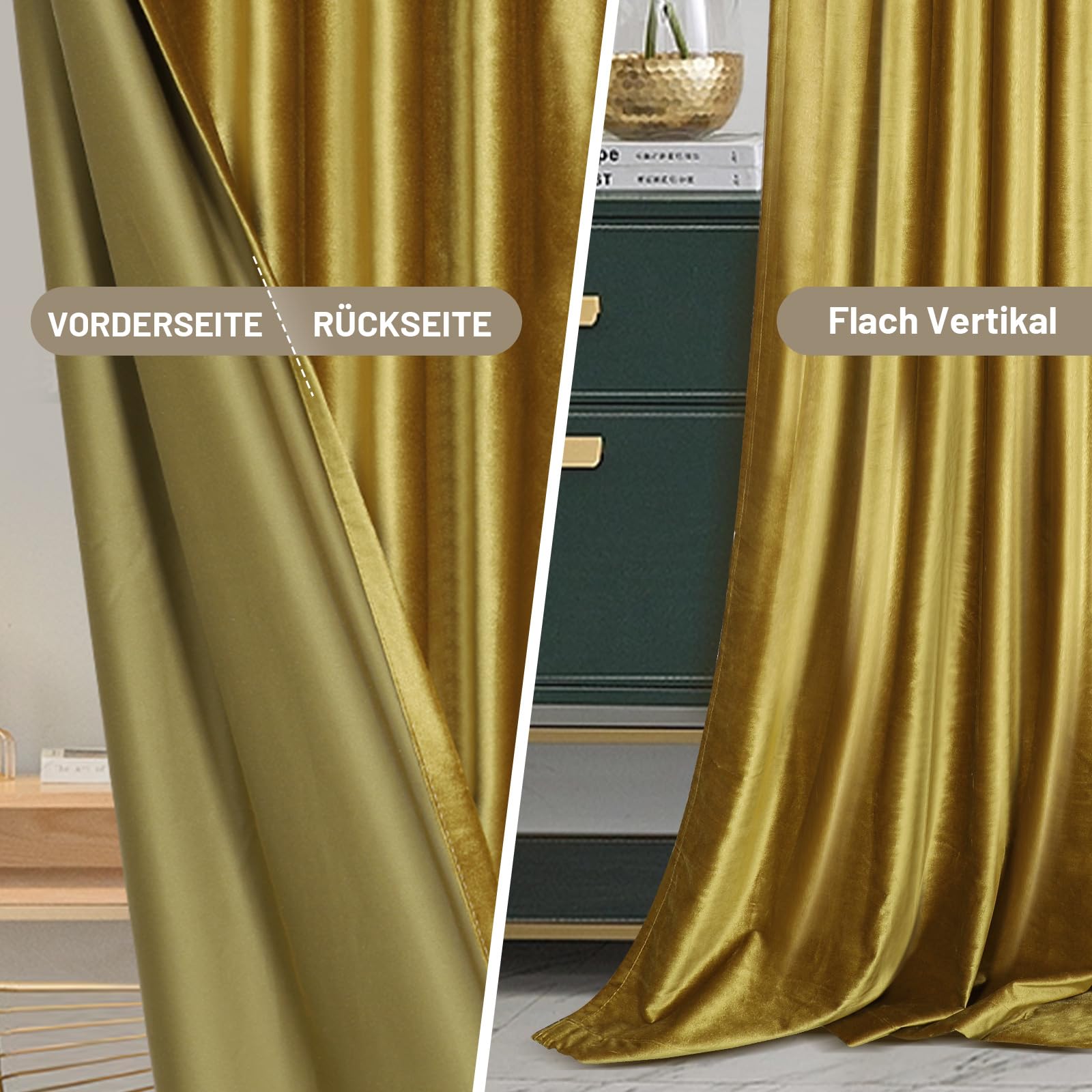 2er Set Samtvorhang Kräuselband, Hochglänzender Diamantsamt Vorhänge Verdunkelung Samt Gardinen, Thermogardine Kälteschutz, Velvet Curtains Wohnzimmer, Schlafzimmer (H274xB132CM, Gold)
