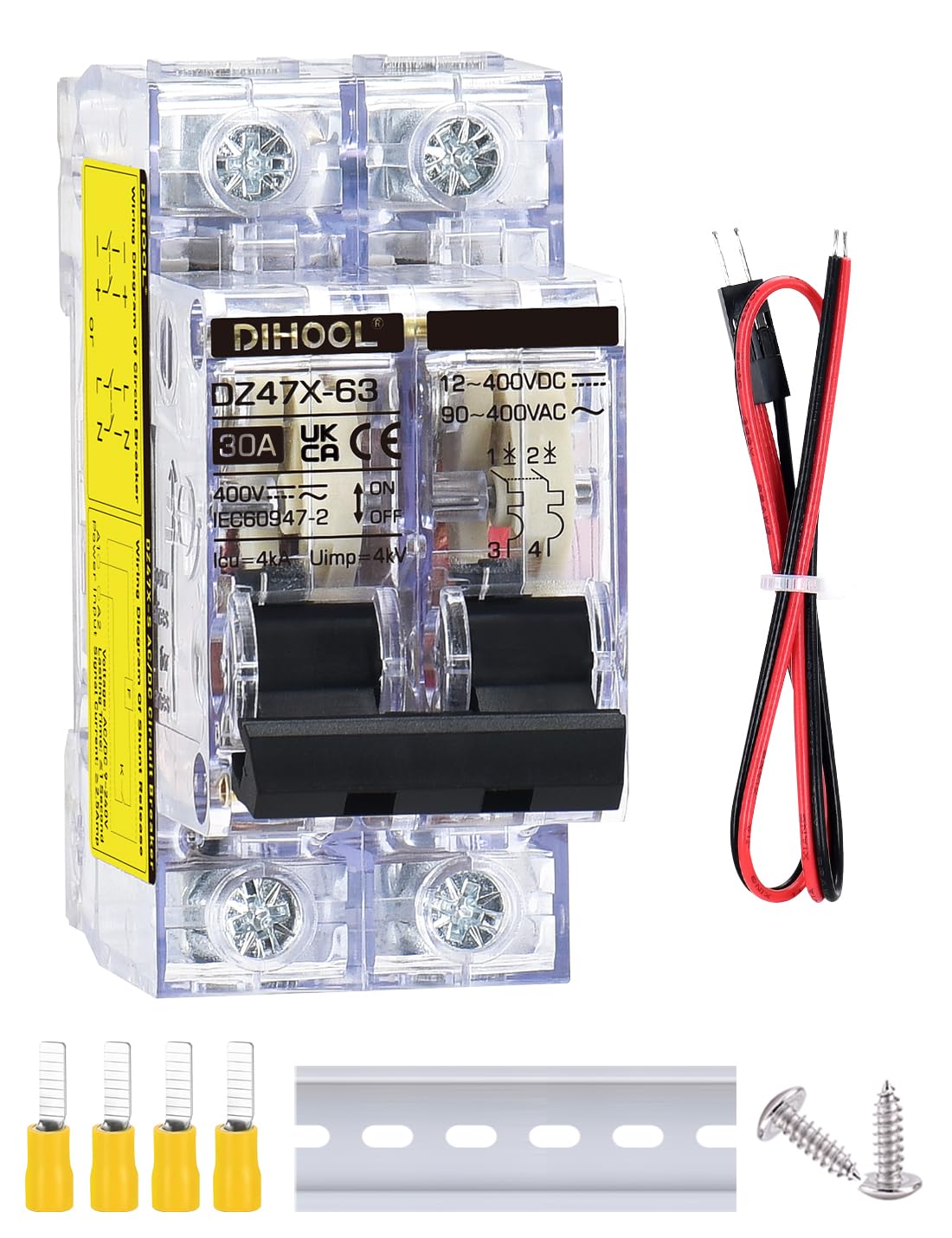 DIHOOL 30A DC Circuit Breaker with Remote Control, 12V-400V DC & 90-400V AC, 2 Pole Miniature Circuit Breaker, DIN Rail Mount Disconnect Switch