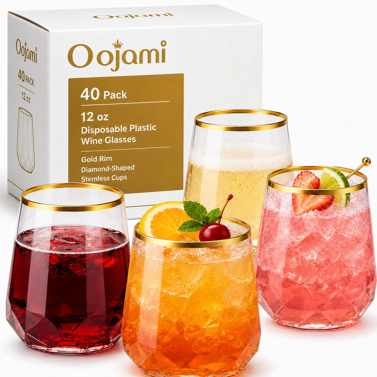 Oojami 40 Pack Disposable Plastic Wine Glasses 12oz Gold Rim - Diamond