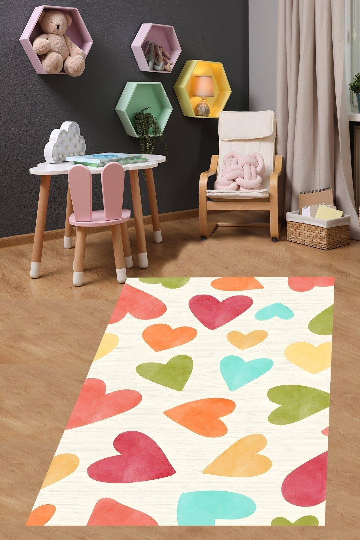 Pelangi Renkli Kalpler Desenli Kız Çocuk Yıkanabilir Kaymaz Taban Leke Tutmaz Çocuk Odası Halısık, Sarı-Turuncu-Yeşil 120 x 160, 76420331201601