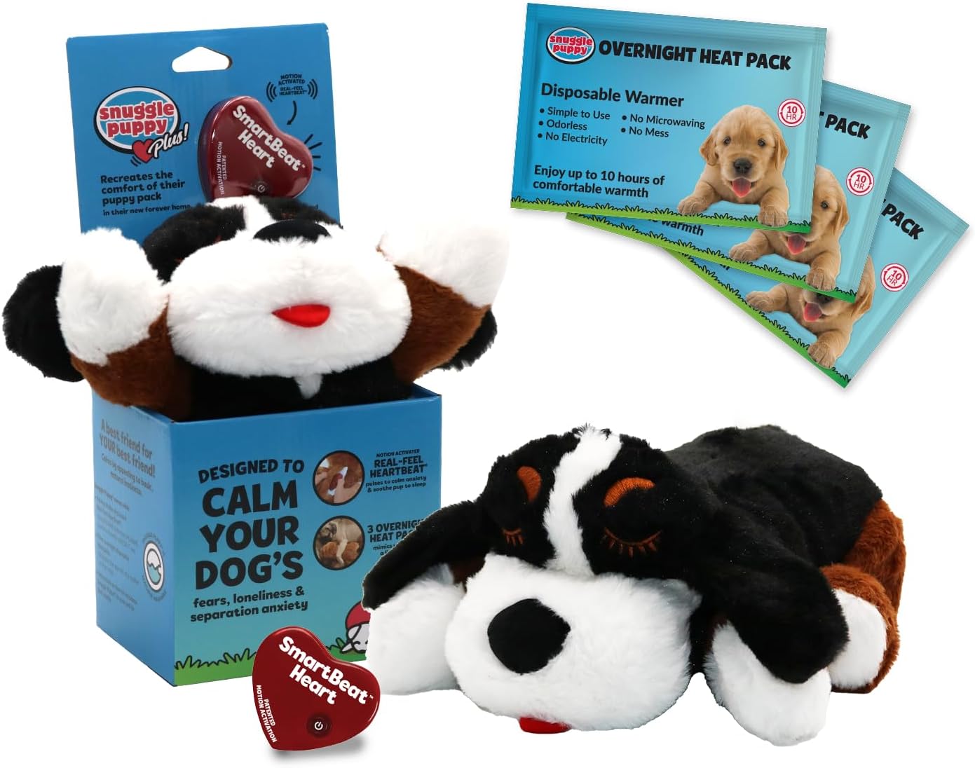 Snuggle Puppy Plus Dog Toys with 3 Heat Packs & New Motion Activated RealFeel Heartbeat. Puppy Toys for Anxiety Relief, Calming Aid, and Dog Comfort Toy for Behavioral Training. (Bernese)